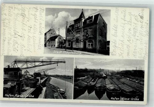 Riesa WK II Gasthaus Stadt Magdeburg Hafen Riesa-Gröba Frachtschiffe