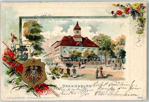 Oranienburg 1903 radfahrer Bundes Hotel ehemaliges Rathaus Fahrrad Fahne Schwarz-Weiß-Rot Wappen Adler Reben