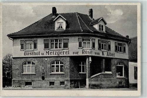 Leinfelden Gasthaus Metzgerei Zur Rose K. Alber Emailleschild Stempel WK II