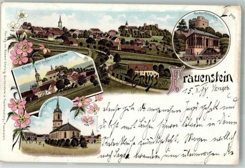 09623 O9202 Frauenstein 1898 Lithographie Kirche Marktplatz Parkschlößchen