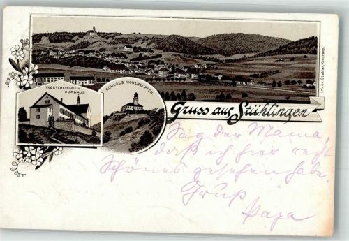 Stühlingen 1897 Verläufer Druck um 1890 Klosterkirche Schloß Hohenlupfen Bahnpost Konstanz-Offenburg Zug 480