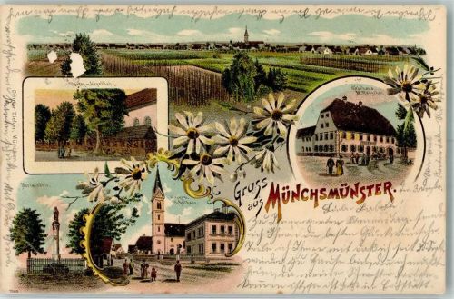 Münchsmünster 1898 Gasthaus Rabscher Garten Kegelbahn Mariensäule Lithographie kleiner Oberflächenschaden Bildseite