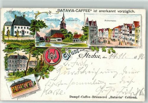 25524 W2210 Itzehoe 1898 Lithographie Herberge zur Heimat Prinzesshof Breite Straße St. Laurenti-Kirche Werbung Batavia-Caffee kl. Echmangel
