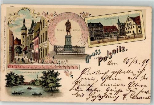 Pulsnitz 1899 Rietschel-Denkmal Hauptmarkt Schloßgartenteich Dorfkirche
