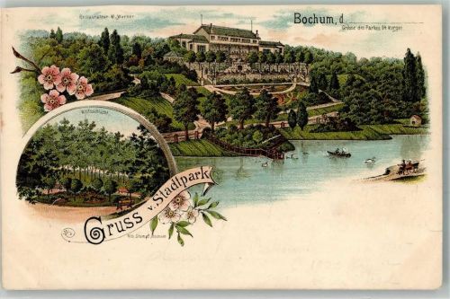 Bochum 1898 Lithographie Stadtpark Gondelteich Wolfsschlucht Gasthaus Werner