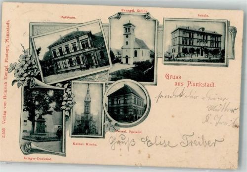 Plankstadt 1900 Schule Rathaus Kriegerdenkmal Kaiserl. Postamt Ev. Kirche Bahnpost Heidelberg-