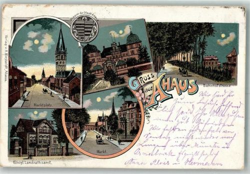 Ahaus 1899 Mondschein Marktplatz Kgl. Landratsamt Schloß Bahnhofstraße Stadtwappen