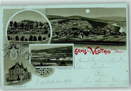 Vlotho 1898 Postgebäude Weserbrücke Wappen Mond Blumen Gruss