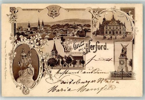 Herford 1898 Wittekind-Denkmal Münsterkirche Postamt Kriegerdenkmal Stadtwappen
