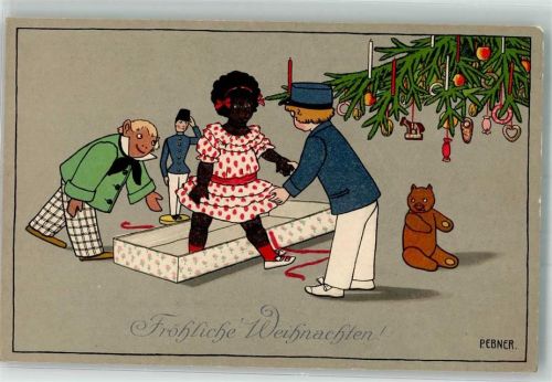 Nr. 610 sign. Ebner, Pauli Schwarzafrikaner Puppen Teddybär Lebkuchen Weihnachten