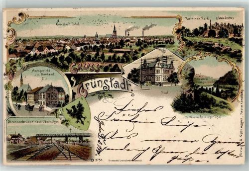 Grünstadt 1902 Post Amtsgericht Rentamt Felsengrotte Bahnhofgelände Stadtwappen