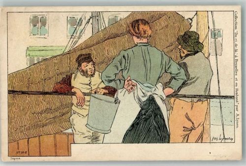 Nr. 106 sign. Lynen Amedee-Ernest Hafenscene Fischerboot Künstler Lithographie / Künstlerkarte