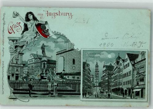 Augsburg 1900 Augustusbrunnen Maximilianstraße Perlachturm Wappen