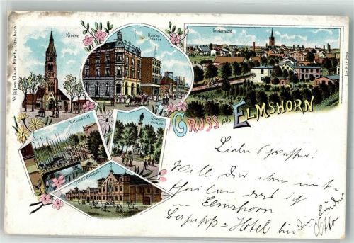 25335 W2200 Elmshorn 1900 Lithographie Bahnpost Hamburg Zug 356 30.7.00 Hafen Kriegerdenkmal