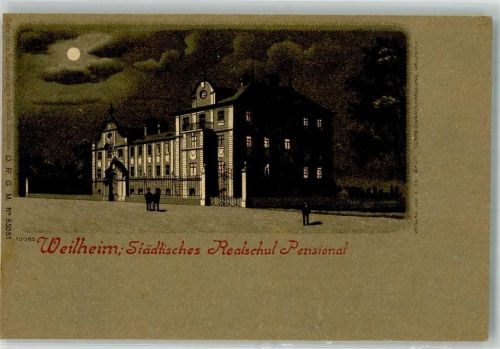 Weilheim Lithographie-Mondschein Städt. Realschul Pensionat