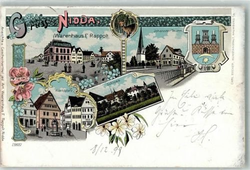 Nidda 1899 Warenhaus Kaufhaus F. Rappolt Johanniter Turm Marktplatz Schloss Wappen