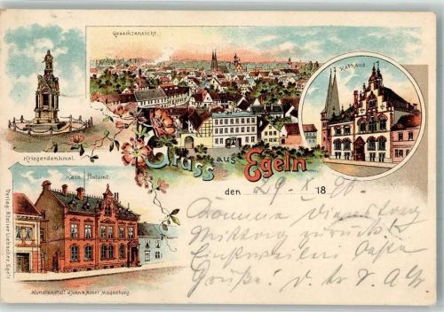 39435 O3253 Egeln 1898 Lithographie Kriegerdenkmal Kaiserl. Postamt Rathaus