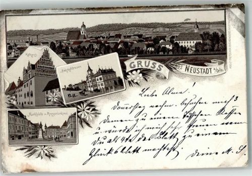 Neustadt 1899 Verläufer Druck um 1890 Rathaus Marktplatz Kriegerdenkmal Bahnhofstraße