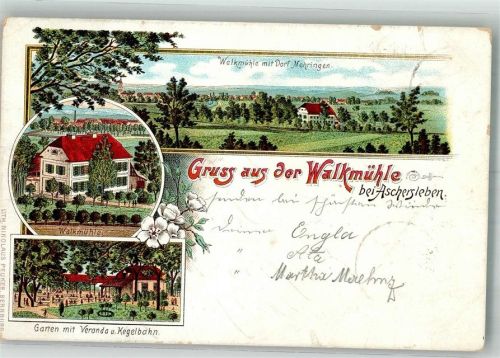 Aschersleben 1898 Gasthaus Walkmühle Garten Veranda