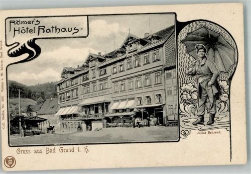 Bad Grund Römer Hotel Rathaus Julius Behrend mit Regenschirm Foto AK
