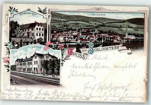 Schlüchtern 1897 Bahnhof Gasthaus zum deutschen Kaiser Bahnpoststempel Litho