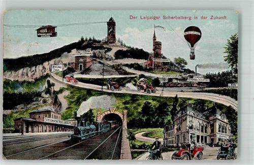 O7000 Leipzig Scherbelberg in der Zukunft Seilbahn Ballon Eisenbahn ASutomobile Zukunft 1911 Künstlerkarte