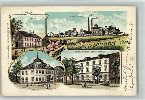 Meuselwitz 1912 Zipsendorf Grube Bismark Gasthaus Ratskeller Hugo Schumann Zigarren Handlung Lithographie