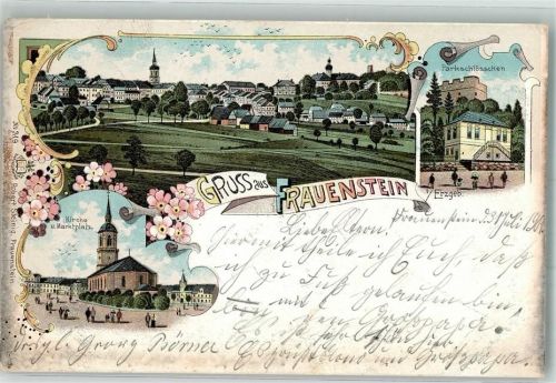 09623 O9202 Frauenstein 1901 Lithographie Parkschlößchen Kirche Marktplatz