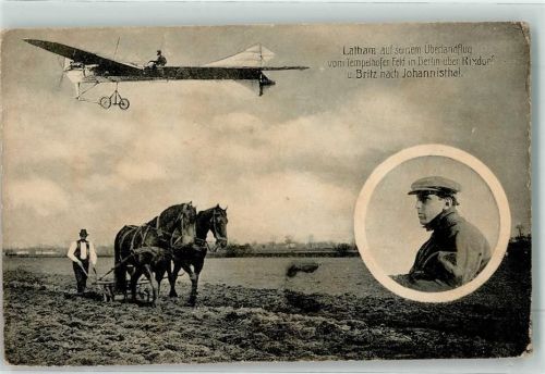 Latham Überlandflug nach Johannisthal - Landwirtschaft Bauer beim Pflügen AK