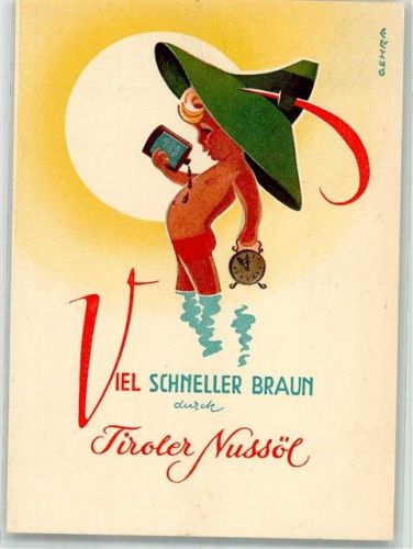 1959 Tiroler Nussöl , Kind mit Sonnenöl sign. Gehra
