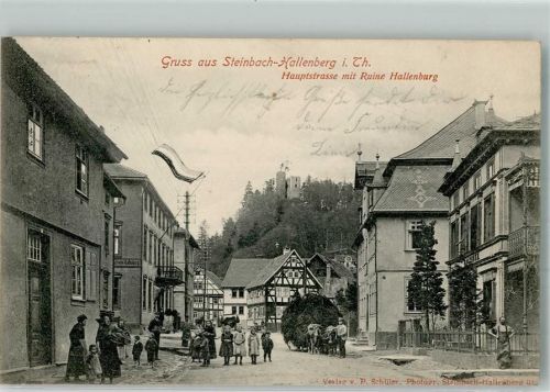 98587 O6081 Steinbach-Hallenberg 1906 - Hauptstraße Ruine Hallenburg Rinderfuhrwerk Kinder