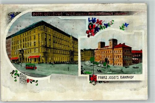 1090 Wien 9. Bezirk, Alsergrund 1913 Lithographie Hotel Bellevue Bahnhof Franz Josef Straßenbahn