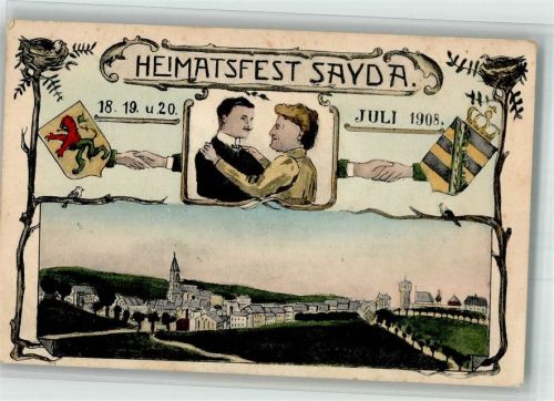 Sayda 1908 Lithographie Heimatfest Sayda 1908 Wappen
