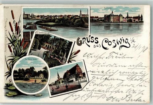 06869 O4522 Coswig , Anh 1898 Lithographie Badehaus Zur Elbterrasse Rathaus Schloß Floss