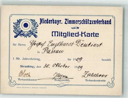Straubing 1909 Niederbayr. Zimmerschützenverband Mitglieds-Karte Ephemera