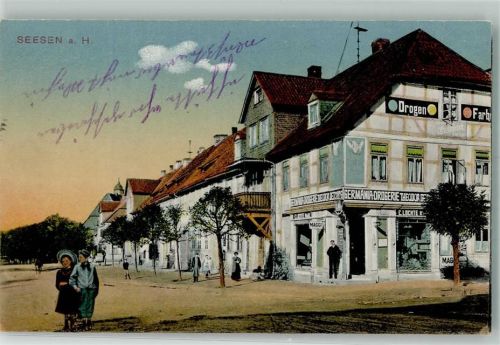 Seesen 1915 Dorfplatz Germania-Drogereie Emailleschild MAGGI