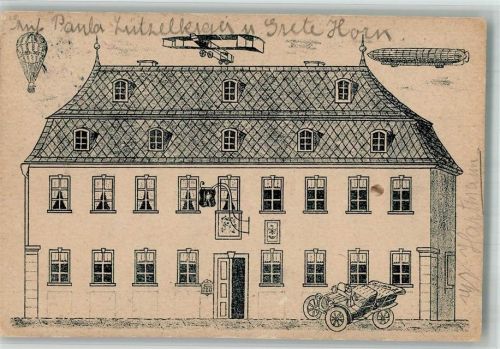 Sonneberg 1912 Künstlerkarte Gesellschaft Verein Sonneberg Eisenbahn-Eröffnung Sonneberg-Mitwitz Gasthaus Fesselflugballon Doppeldecker Luftschiff Auto