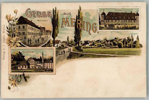 Mering Lithographie Marktplatz Schuhfabrik Schloss