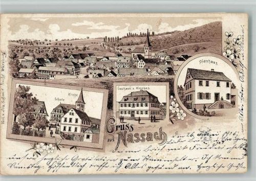 Nassach 1905 Gasthaus Zum Hirschen Pfarrhaus Kirche Schule Lithographie