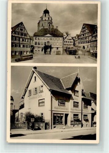 71083 W7033 Herrenberg im Gäu Gebrauchsspuren Cafe Marquard Marktplatz Stiftskirche Rathaus Foto AK