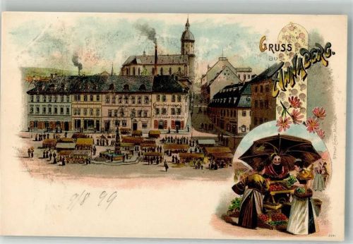 Annaberg-Buchholz 1899 Marktplatz Marktszene Marktfrauen Eisenhandlung Zeißler Verlag Ottmar Zieher-München