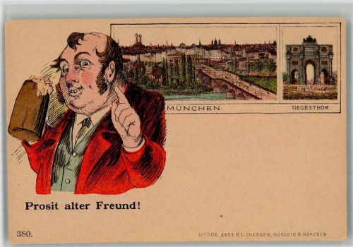 München Siegestor Mann Bierkrug Prosit Verlag Zrenner Lithographie