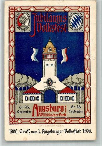 Augsburg 1906 Jubiläums-Volksfest Wittelsbacher Park Lithographie sign. H.J. Jugendstil