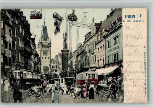 W7800 Freiburg im Breisgau Fotomontage Eisenbahn Schwebebahn Straßenbahn Auto Schornsteinfeger auf dem Fahrrad Zukunft 1905 BOAKC
