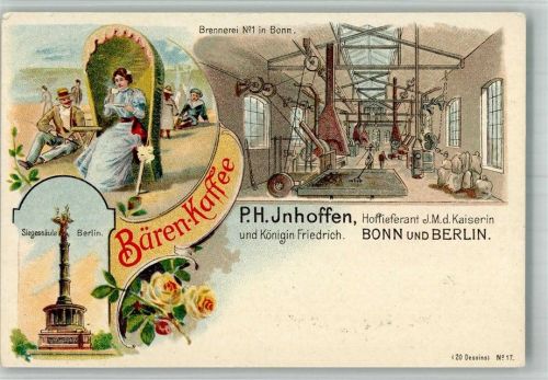 Berlin, unsortiert Lithographie Bären-Kaffee Werbekarte Firma P. H. Inhoffen Hoflieferant Siegessäule Brennerei