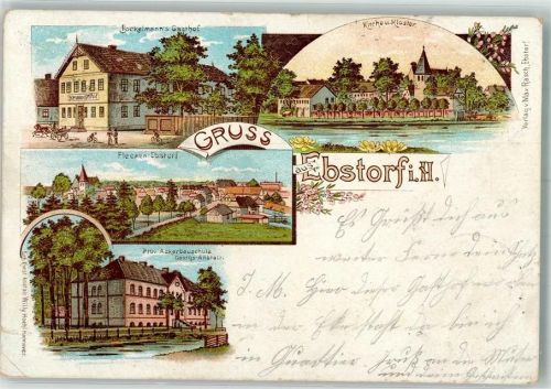 29574 W3112 Ebstorf 1899 Gebrauchsspuren Lithographie Prov. Ackerbauschule Georgs-Anstalt Gasthaus Bockelmann Kirche Kloster