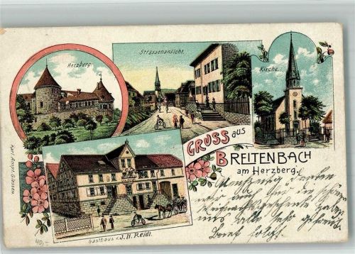 Breitenbach 1910 Lithographie Herzberg Dorfkirche Gasthaus Reidt Nachporto