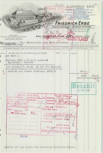 Bad Salzungen Rechnung von 1940 Friedrich Erbe Maschinenfabrik Bronzegiesserei