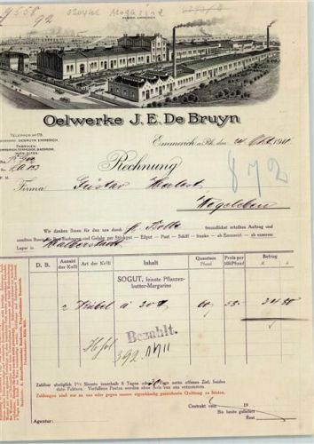 Emmerich Rechnung von 1911 Oelwerke J.E. De Bruyn
