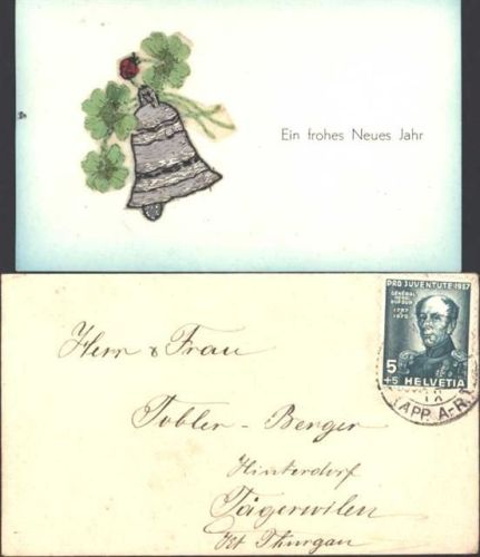 Kleinbrief mit echten Wollfäden bestickt 11 cm x 7 cm